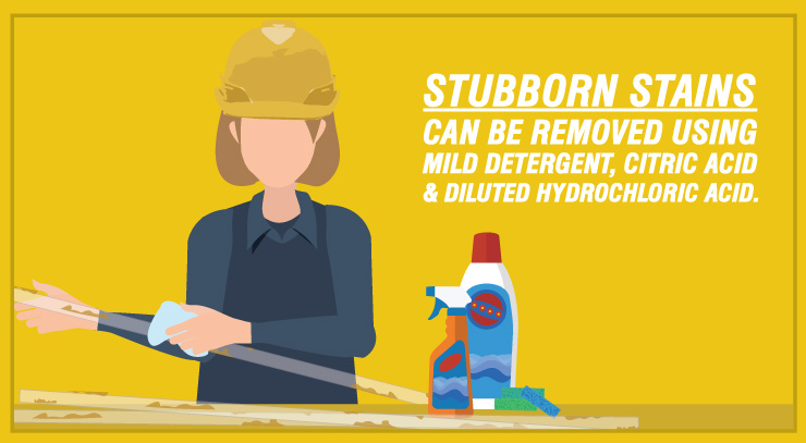 Stubborn Stains can be removed by using mild detergent, citric acid & diluted hydrochloric acid.