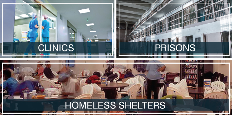 Clinics, Prisons, Homeless Shelters