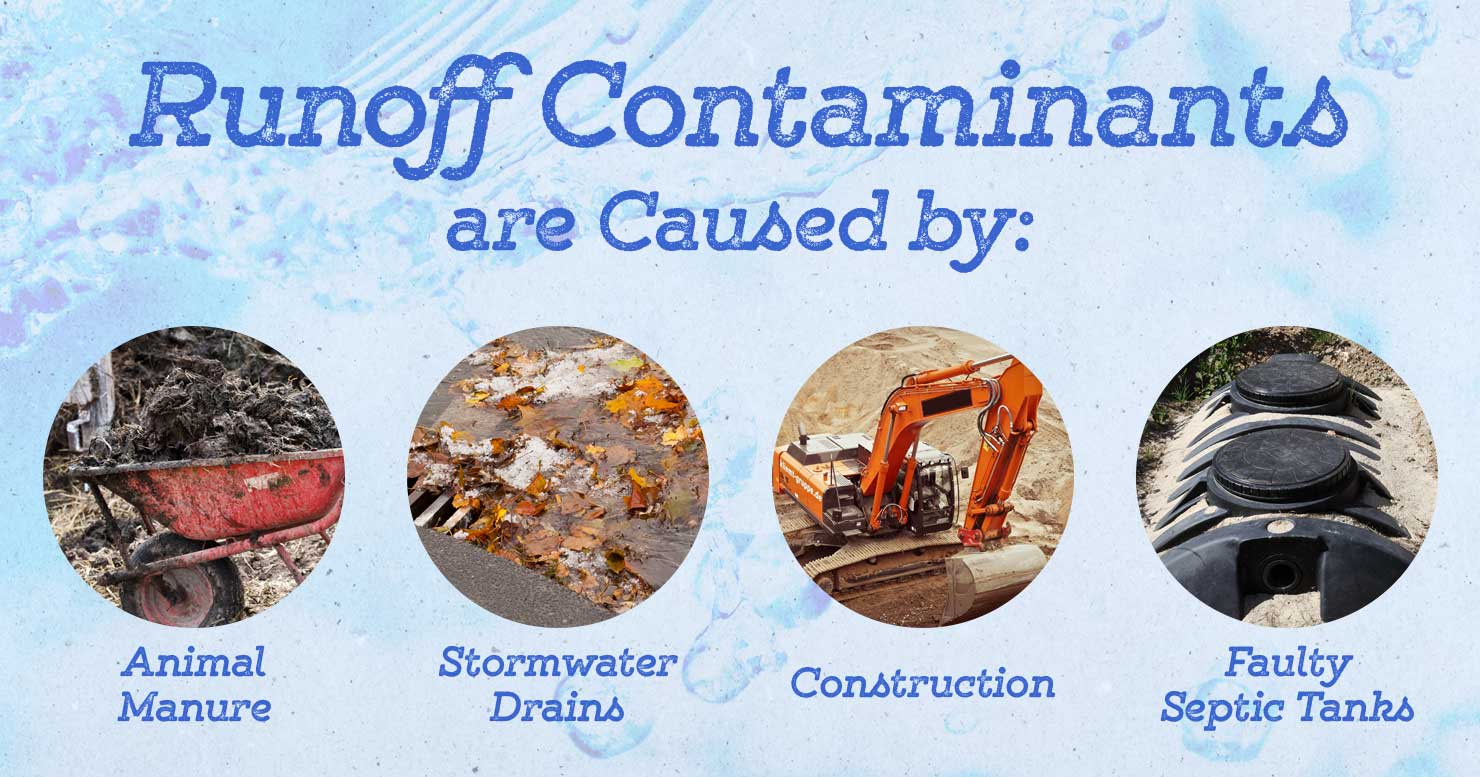 Runoff Contaminants are Caused by Animal Manure, Stormwater Drains, Construction, and Faulty Septic Tanks
